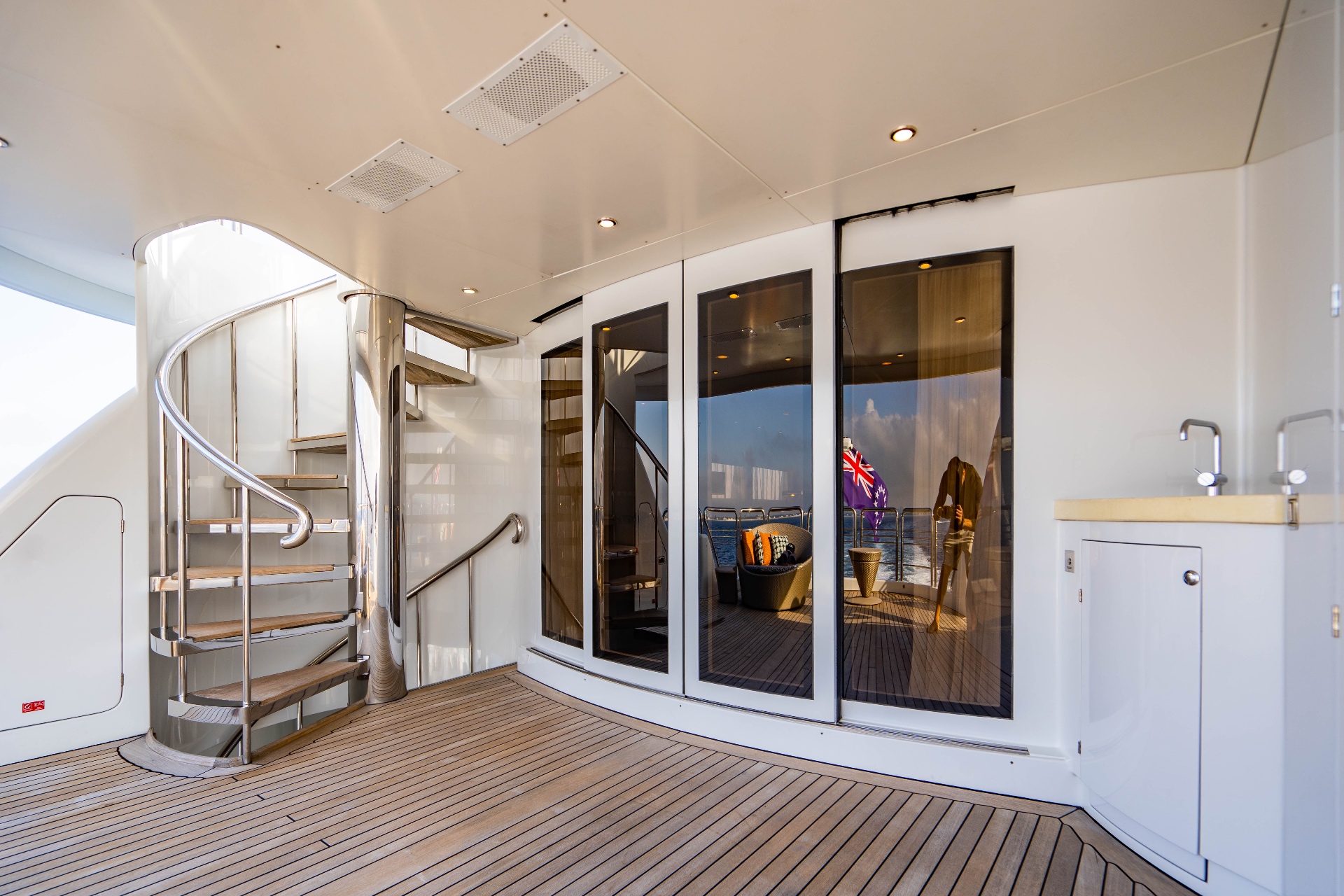 Aft deck spiral staircase and salon entry