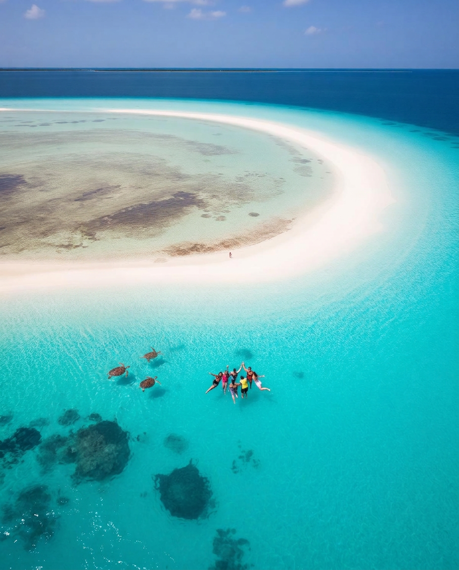 Aerial view of swimmers and sea turtles in turquoise Bahamian water beside a sandbar